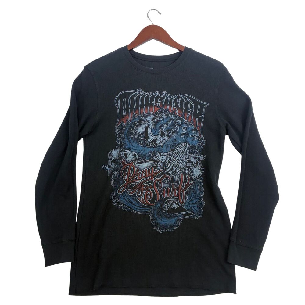 Quiksilver Men's Long Sleeve Thermal Shirt Black Graphic Tee Size S Wave Surf
